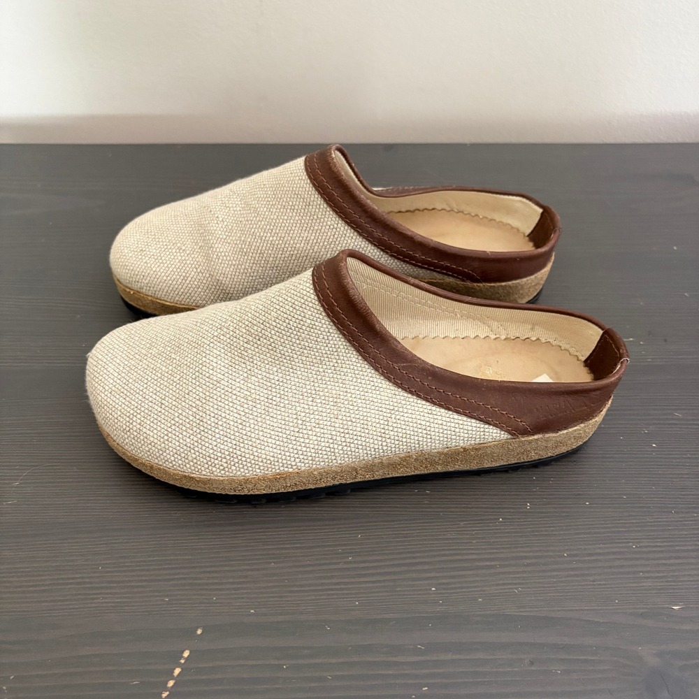 Haflinger Clogs Grizzly Canvas 37 US 6 Beige Brown Leather Trim Cork Mule Shoes